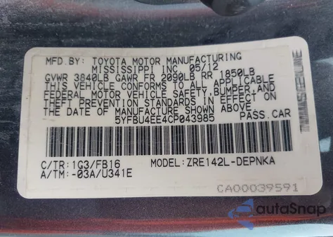 2012 Toyota Corolla Le z USA, uszkodzony, nr VIN 5YFBU4EE4CP043985